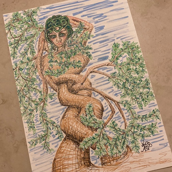 Unframed Original Art Drawing Illustration Twisted Tree Lady - Picture 2 of 4